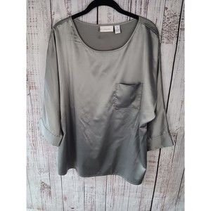 Chico's Silky Blouse Womens Large Gray 3/4 Sleeve Round Neck Pullover